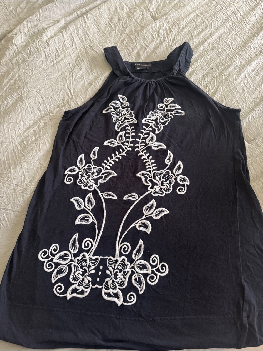 BCBGMaxAzria Black Halter Tank with White Floral Embroidery